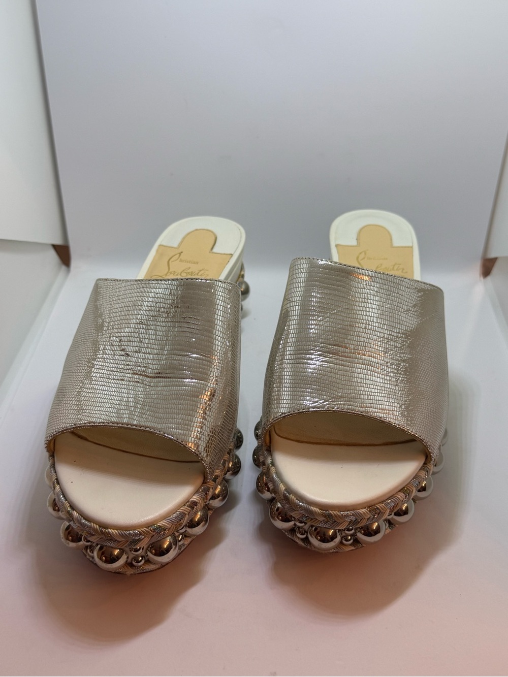 Christian Louboutin Silver Metallic Embellished Slide Mules